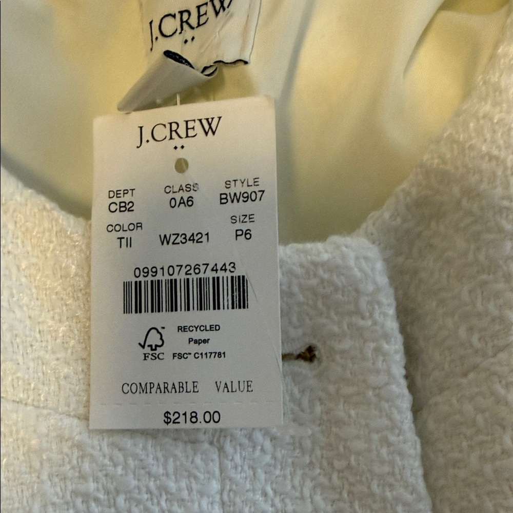 NWT J Crew Cropped Ivory Tweed Button-Front Jacket - Picture 6 of 8